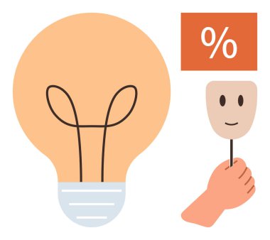 Maske takan bir ampul, turuncu bir tabela ve gülümseyen bir yüz maskesi tutan bir el. Sağlık, salgın, güvenlik, yaratıcılık için idealdir. Refah yeniliklerini azaltır. Basit düz metafor