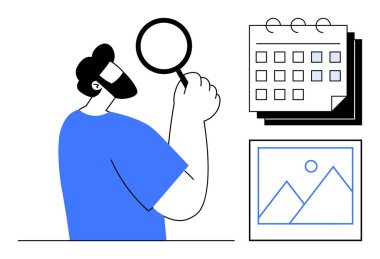 Büyüteç tutan adam, takvime odaklanıyor ve çerçevelenmiş resim. Analiz, planlama, organizasyon, verimlilik, odaklanma, soruşturma basitliği için ideal. Basit düz için en düşük tasarım