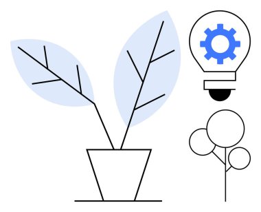 Mavi yapraklı minimalist bitki ampulün içinde vites, küçük fidan. Büyüme, yenilik, sürdürülebilirlik, yaratıcılık, teknoloji fikirleri için ideal ekolojik çözümler. Basit düz