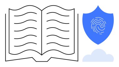 Dalgalı çizgileri olan açık bir kitap, parmak izli mavi bir kalkan ve bulut simgesi. Güvenlik, eğitim, bilgi, teknoloji, gizlilik bulutu depolama için ideal. Basit düz metafor
