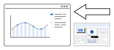 Web arayüzünde performans eğilimi olan grafik çizelgesi, veri paneline işaret eden ok. Analiz, raporlama, arayüz tasarımı, navigasyon, büyük veriler, veri bilimi, basit düz metafor için ideal