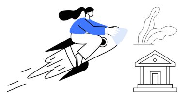 Dinamik izleri olan bir rokete binen kadın, bitkilerle çevrili klasik bir binaya doğru gidiyor. Yenilik, ilerleme, hız, hırs, finansal büyüme, hedef belirleme başarısı için idealdir. A