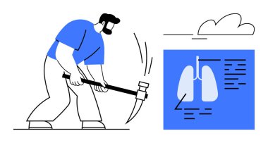 Kazma, bulut tepesi ve solunum sağlığını vurgulayan akciğer diyagramı ile zemin hazırlayan işçiler. İş güvenliği, akciğer hastalıklarının önlenmesi, risk farkındalığı, madencilik, sağlık hizmetleri için ideal