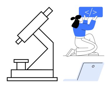 Tablette yazan bir kadın, büyük bir mikroskop, dizüstü bilgisayar manzaralı. Kodlama, BTMM öğrenimi, yenilik, eğitim, teknoloji araştırmaları ve bilim kavramları için idealdir. Basit iniş sayfası