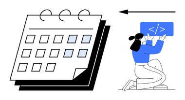 Vurgulanmış tarihli büyük takvim ve bir kod panelini ayarlayan diz çökmüş geliştirici. Zaman yönetimi, verimlilik, teslim tarihleri, proje planlaması, yazılım geliştirme, kodlama, basit iniş için ideal