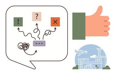 Karmaşık yolları olan konuşma balonu, evet, hayır ve soru için ikonlar, baş parmağını gösteren el ve bir havaalanı illüstrasyonu. Liderlik, seyahat, takım çalışması planlama iletişimi için ideal