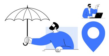 Korunmayı sembolize eden bir şemsiye tutan bir adam, verimliliği sembolize eden bir dizüstü bilgisayar kullanan bir iş adamı, navigasyonu sembolize eden büyük bir konum belirleyici. Sigorta, güvenlik, iş, navigasyon için ideal