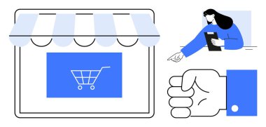 Alışveriş arabası vitrinli dijital mağaza, yönetim için tablet tutan kadın ve el sıkışma sembolü. E-ticaret, çevrimiçi işlemler, işletme yönetimi, takım çalışması, iletişim için ideal