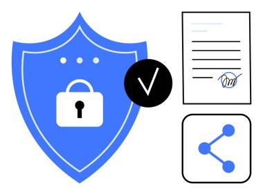 Mavi kalkanda kilit simgesi, işaret, imzalı sözleşme ve paylaşım sembolü var. Güvenlik için ideal, veri gizliliği, kimlik doğrulama, uyum, işbirliği basit bir iniş sayfası