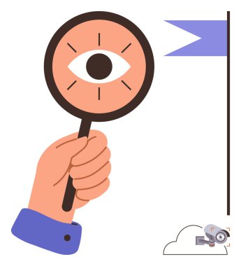 El ele tutuşan gözlerle büyüteç, bayrak hedefi ya da başarıyı simgeler, bulut elementleri. Odaklanma, vizyon, içgörü, strateji, hedef belirleme, liderlik ve gözlem için ideal basit düz metafor