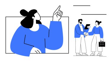 İki iş arkadaşının el sıkıştığı ve belgeleri tartıştığı bir kadın. Takım çalışması, liderlik, iş ortaklığı, müzakere, karar verme, sunumlar için ideal