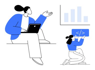 İki profesyonel, biri dizüstü bilgisayarı olan ve diğeri de bir kod elemanını manipüle eden, bir çubuk grafiğinin yanında birlikte çalışan. Takım çalışması, kodlama, analitik, beyin fırtınası, eğitim ve teknoloji projeleri için ideal