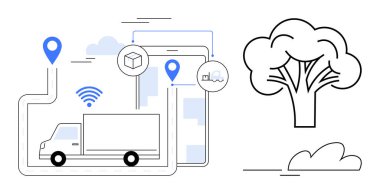 GPS, kablosuz sinyaller, paket simgeleri ve ekolojik elementlerle haritalı rotada nakliye kamyonu bir ağacı parmakla işaretliyor. Lojistik, çevrimiçi alışveriş, teknoloji, sürdürülebilirlik, eko kavramları için ideal modern