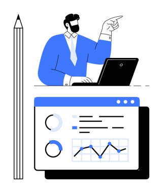 İşadamı dizüstü bilgisayar üzerinde çalışırken işaret ediyor. Veri analizini vurgulayan bar tabloları, grafikler, pasta grafikleri. İş sunumu için ideal, büyüme stratejisi, takım çalışması, karar verme mekanizması, analitik