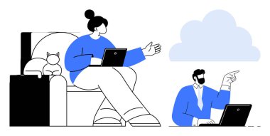 Dizüstü bilgisayarda çalışan kedisi olan bir kadın, bulut grafiğiyle bağlanan masadan iletişim kuran bir adam. Takım çalışması, teknoloji, uzaktan çalışma, dijital iletişim, ağ oluşturma, üretkenlik, basit