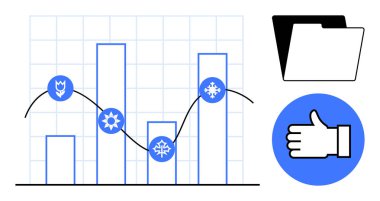 Mevsimsel simgeli çubuk grafiği, çizgi çizelgesi örtüsü, klasör simgesi ve baş parmak işareti. Veri analizi, mevsimsel eğilimler, onaylar, organizasyon, raporlama iş anlayışı için ideal