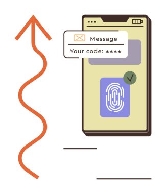 Akıllı telefon yeşil işaretli ve OTP mesaj bildirimli parmak izi tarayıcısını gösteriyor. Kırmızı ok ilerlemeyi gösteriyor. Güvenlik, giriş, kimlik, erişim, veri koruması için ideal