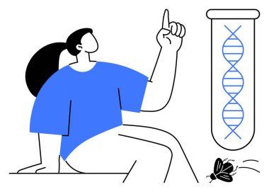 Test tüpünün içindeki DNA 'yı işaret eden kişi yakınındaki meyve sinekleri ile yapılan genetik araştırmayı sembolize ediyor. Bilim, biyoteknoloji, genetik, araştırma, yenilik, biyoloji eğitimi için ideal. Basit bir daire.