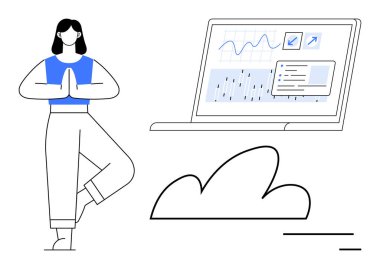 Yoga yapan bir kadın dizüstü bilgisayarında grafikler, grafikler, bulutları dengelemek için poz veriyor. Teknoloji, sağlık, sağlık, iş hayatı uyumu, farkındalık, analitik sade iniş sayfası için ideal