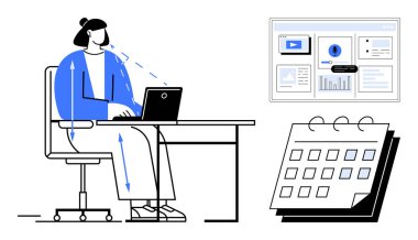 Masadaki kadın dizüstü bilgisayarla çalışıyor. Yakın takvim ve gösterge paneli zaman yönetimi, planlama, veri analizi, verimlilik, çevrimiçi toplantılar, proje yönetimi, basit düz metaforu temsil eder