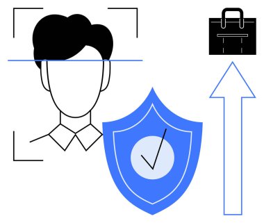 Yüz taraması, kalkan, işaret, evrak çantası, yukarı doğru ok. Teknoloji, siber güvenlik, gizlilik, veri koruması, biyometrik kariyer gelişimi için idealdir. Basit düz metafor