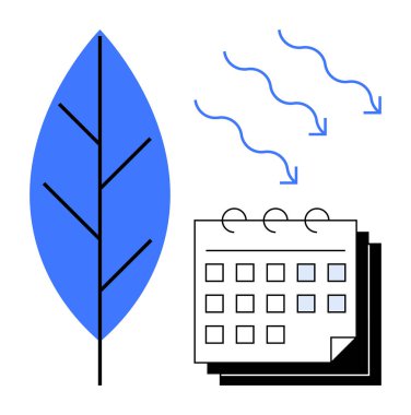 Mavi yaprak, hava akışını temsil eden oklar, ve takvim ekolojik bilinç planlaması ve çevresel farkındalığı özetliyor. Sürdürülebilirlik, eko-yaşam, yenilenebilir enerji, kaynak yönetimi, planlama için ideal