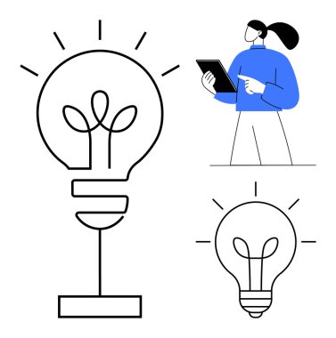 Tablet tutan kadın, yaratıcılığı ve yeniliği temsil eden ampul sembollerini gözlemliyor. Beyin fırtınası, strateji, ilham, teknoloji, girişimcilik, eğitim, basit iniş sayfası için ideal