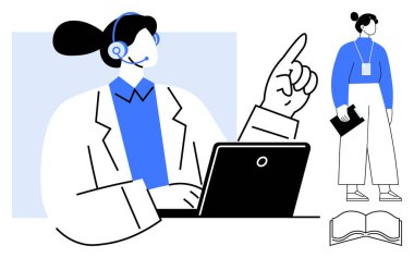 Müşteri hizmetleri temsilcisi bir kulaklık takıyor, dizüstü bilgisayar kullanırken işaret ediyor, ayakta duran belgelerle ve açık bir kitapla eşleştiriyor. İletişim, destek ve teknoloji için ideal