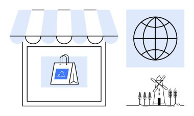 Yeniden kullanılabilir çanta, geri dönüşüm logosu, dünya çizimi, yel değirmeni ve ekinlerle dolu bir depo. Sürdürülebilirlik, eko-bilinç, yeşil ekonomi, etik uygulamalar için ideal küresel ticaret temiz enerji