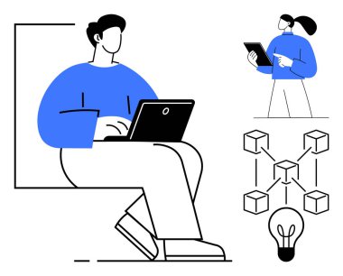 Laptop kullanan kişi, tabletli kadın, birbirine bağlı bloklar, ampul teknolojiyi sembolize ediyor, yaratıcı düşünce ve takım çalışması. İşbirliği, yenilik ve uzak çalışma engelleme için ideal