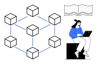 Blockchain teknolojisini temsil eden birbirine bağlı küpler dizüstü bilgisayarda oturup yazan bir kadın ve öğrenmeyi sembolize eden açık bir kitap. Engelleme zinciri, teknoloji, eğitim, kodlama, araştırma için ideal