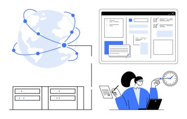 Bağlı düğümler, sunucular, formlarla arayüz, dizüstü bilgisayarla çalışan kişi, saat. Küresel bağlantı, uzak çalışma, sunucu yönetimi, işbirliği teknolojisi bulut hesaplaması için ideal