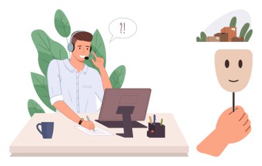 Kulaklık takmış genç bir adam destek çağrısı alıyor, kafa karışıklığını ifade ediyor, maske tutuyor gizli duyguları simgeliyor. Müşteri hizmetleri, işyeri stresi, duygusal sağlık ve iletişim için ideal