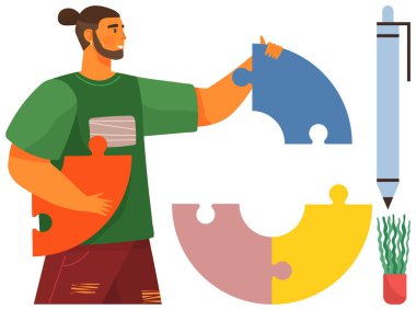 Büyük yapboz parçalarını tutan kişi, onları daire şeklinde birleştiriyor. Kalem ve bitki de dahil. Takım çalışması, problem çözme, yaratıcılık, işbirliği, strateji, üretkenlik için ideal basit düz metafor