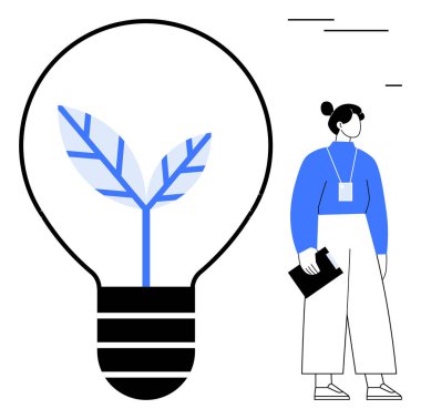 İçinde filizlenen bir bitki olan dev bir ampulün yanında bir pano tutan kadın. Yenilik için ideal, sürdürülebilirlik, çevre, yaratıcılık, yeşil enerji, eğitim, kişisel büyüme. Minimalist