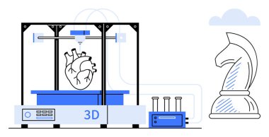 3D yazıcı anatomik bir kalp ve satranç taşı üretiyor. Teknoloji, yenilik, eğitim, bilim, yaratıcılık, imalat ve tıbbi araştırma için idealdir. Temiz düz basit metafor