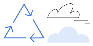 Mavi geri dönüşüm okları, çizilmiş ve doldurulmuş bulutların yanında bir üçgen oluşturuyor. Ekoloji, sürdürülebilirlik, çevre bilinci, yenilenebilir enerji, kirlilik kontrolü, yeşil yaşam, basit iniş için ideal