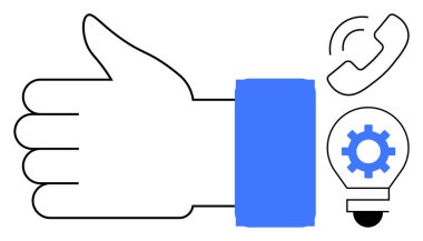 Mavi manşetli, telefon ikonlu, ampulün içindeki teçhizatlı kocaman bir işaret. İletişim, teknoloji, takım çalışması, yenilik, iş kavramları için ideal, basit düz metaforu desteklemek