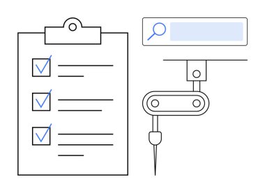 Mavi işaretli bir panoda kontrol listesi, robotik otomasyon kolu ve arama çubuğu arayüzü. Görev yönetimi, üretkenlik, iş akışı optimizasyonu, teknoloji, otomasyon, veri için ideal