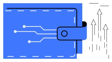 Devre desenli mavi cüzdan dijital finansı simgeliyor. Oklar ilerlemeyi ve teknolojinin gelişimini gösteriyor. Fintech, inovasyon, e-ticaret, yatırım, büyüme, güvenlik, ödeme için ideal