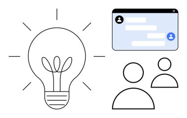 Fikirleri sembolize eden ampul, sohbet penceresi, konuşma ve kullanıcı simgeleri. Yenilik, iletişim, takım çalışması, işbirliği, beyin fırtınası, yaratıcılık için ideal basit iniş sayfası