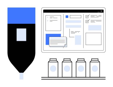 Hassasiyet için kalem, görevleri ve notları olan dijital gösterge paneli, organizasyon için etiketlenmiş kaplar. Yaratıcılık, üretkenlik, iş akışı, proje yönetimi, tasarım, görev planlaması için ideal