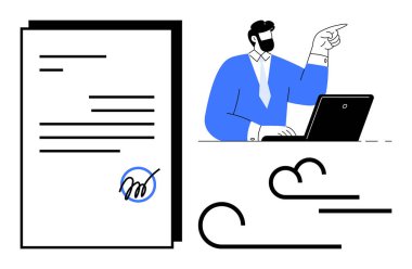 Belge dijital kalemle imzalanmış, yanında da dizüstü bilgisayarda çalışan bir iş adamı var. Kontrat onayı, yasal anlaşma, dijital iş akışı, uzaktan çalışma, e-imza süreci için ideal