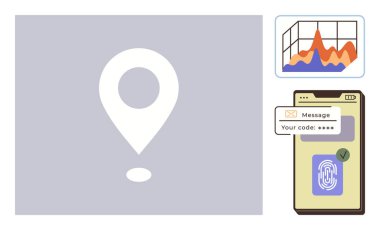 Konum simgesi, biyometrik kodlu akıllı telefon ve veri tabanı doğrulaması. Güvenlik, analitik, konum, teknoloji, kimlik doğrulama hareketliliği modern uygulamalar için idealdir. Basit düz