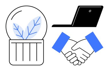 Yaprakları, el sıkışması ve dizüstü bilgisayarı olan dünya konteynırı. Takım çalışması, çevre, dijital işbirliği, ortaklıklar, çevre dostu büyüme, sürdürülebilir iş ve teknoloji güdümlü işbirliği için ideal