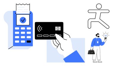 POS makinesindeki kredi kartı, fatura onayı, fikir simgesi taşıyan işadamı sembolü, soyut figür. Ödeme, teknoloji, perakende, yenilik, iş hareketliliği için idealdir.