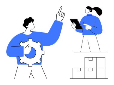 Çözümleri tartışan iki birey. Birinin dişlisi var, bu da problem çözme anlamına geliyor. Diğeri ise teknolojiyi vurgulamak için bir tablet kullanıyor. Kutular envanter ya da tedarik zincirini temsil ediyor. Takım çalışması için ideal