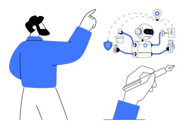Robotu işaret eden adam, birden fazla görevi yerine getirirken güvenlik, dişli ayarlama ve el yazısıyla veri işleme işini başarıyla tamamladı. Yapay zeka geliştirme, otomasyon, teknolojik yenilik, beyin fırtınası, yaratıcılık için ideal