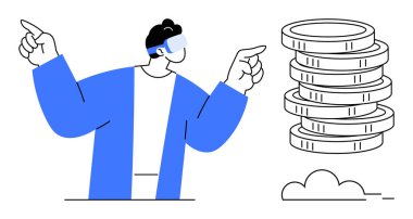 VR gözlüklü bir adam istiflenmiş paralara el kol hareketi yaparak gelecekteki finans teknolojisini sembolize ediyor. Fintech, AR, yenilik, kripto para, yatırımlar, gelecek trendler, zenginlik kavramları için idealdir. Minimalist