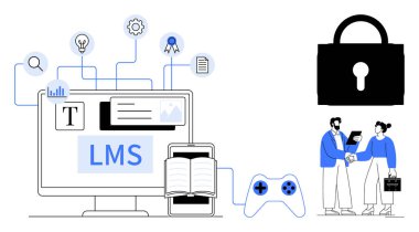 LMS arayüzü, araçları, kitabı ve oyun kontrolörü olan bir bilgisayar. Kilit sembolü ve tokalaşma da dahil. E-öğrenim, eğitim, gamifikasyon, işbirliği güvenlik uzaktan çalışma kuruluşları için ideal